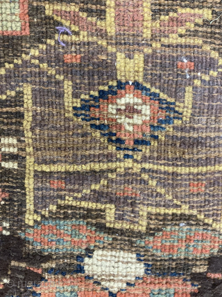 Early Kurdish kelleh, Sauj Bulagh? Size 352 x 95 cm. Excellent saturated colors, nice old purple. Interesting rendition of the border. Top worn. Contact me at alexanderbakker@flairforflavor.com.      