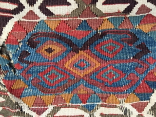 Malatya kilim, nice and old, first half 19th century. Excellent colors, many interesting details in the free flowing drawing. White is cotton. Some wear, good condition for the age. Size 141.3 x  ...