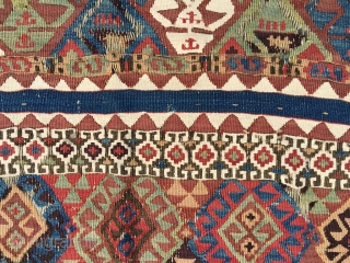 Malatya kilim, nice and old, first half 19th century. Excellent colors, many interesting details in the free flowing drawing. White is cotton. Some wear, good condition for the age. Size 141.3 x  ...