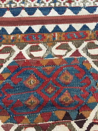 Malatya kilim, nice and old, first half 19th century. Excellent colors, many interesting details in the free flowing drawing. White is cotton. Some wear, good condition for the age. Size 141.3 x  ...