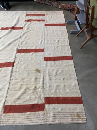 Manzandaran kilim, most likely intended as a sofreh. Typical graphic outlay. Madder on natural white wool with very attractive and subtle variations in color hue. Good squarish shape, 113 x 83 inch  ...