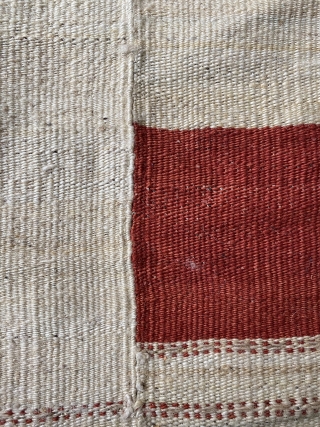 Manzandaran kilim, most likely intended as a sofreh. Typical graphic outlay. Madder on natural white wool with very attractive and subtle variations in color hue. Good squarish shape, 113 x 83 inch  ...