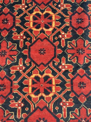 Unusual tribal Ersari main rug with Mina Khani pattern. This pattern is usually reserved for chuvals, including some extremely large ones (if those wouldn't have had attached kilim backs, they'd have counted  ...