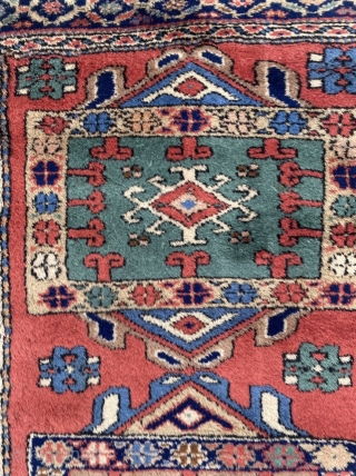 NWP small rug, probably Shahsavan. Somehow feels like a prayer rug. Perhaps because of the pentagonal ‘eyes’ which suggest mirhabs. Green compartment is at the top. Unusual border pattern. Really excellent condition,  ...
