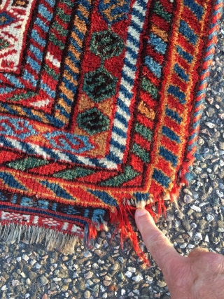 Tribal Qashqai kelleh from around 1900. Excellent condition, full pile, deeply saturated colors including very nice warm apricot. A vibrant South Persian party for your floor. Original sides and ends, one nip  ...