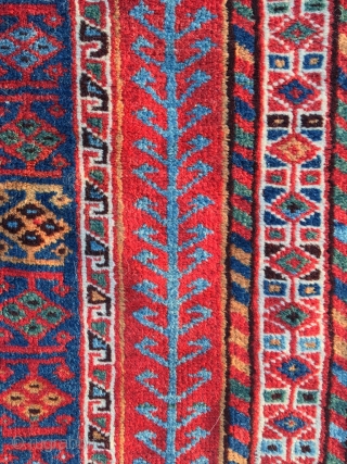 Tribal Qashqai kelleh from around 1900. Excellent condition, full pile, deeply saturated colors including very nice warm apricot. A vibrant South Persian party for your floor. Original sides and ends, one nip  ...