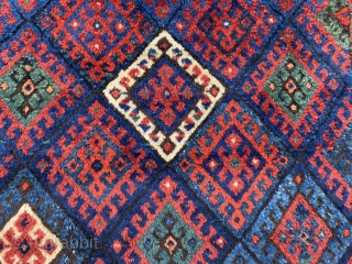 Superlative Jaf with a pelt like a Kazak. Excellent saturated natural colors, apricot, green, gorgeous blue. Corroded black lattice. Nice size, 37 x 26 inch  (94 x 66 cm). You may  ...