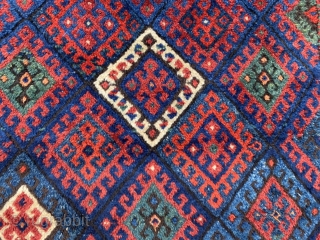 Superlative Jaf with a pelt like a Kazak. Excellent saturated natural colors, apricot, green, gorgeous blue. Corroded black lattice. Nice size, 37 x 26 inch  (94 x 66 cm). You may  ...