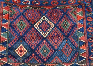 Superlative Jaf with a pelt like a Kazak. Excellent saturated natural colors, apricot, green, gorgeous blue. Corroded black lattice. Nice size, 37 x 26 inch  (94 x 66 cm). You may  ...