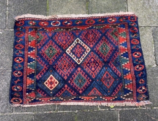 Superlative Jaf with a pelt like a Kazak. Excellent saturated natural colors, apricot, green, gorgeous blue. Corroded black lattice. Nice size, 37 x 26 inch  (94 x 66 cm). You may  ...