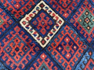 Superlative Jaf with a pelt like a Kazak. Excellent saturated natural colors, apricot, green, gorgeous blue. Corroded black lattice. Nice size, 37 x 26 inch  (94 x 66 cm). You may  ...