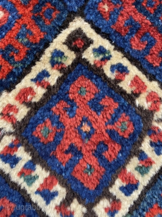 Superlative Jaf with a pelt like a Kazak. Excellent saturated natural colors, apricot, green, gorgeous blue. Corroded black lattice. Nice size, 37 x 26 inch  (94 x 66 cm). You may  ...