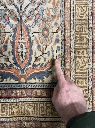 Silk Tabriz rug, Kufic border, excellent colors full pile. Knotted upside down (pile faces up when looking at the pattern instead of down). One small stain. Size 39.4 x 24 inch (100  ...