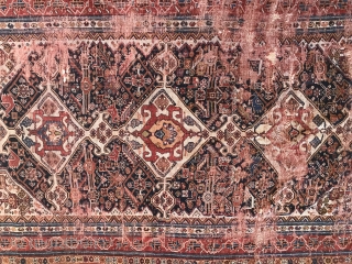 Battered but beautiful South Persian small main carpet. Beautiful colors and magical drawing. Last quarter of the 19th century. 
             