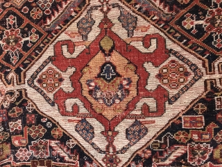 Battered but beautiful South Persian small main carpet. Beautiful colors and magical drawing. Last quarter of the 19th century. 
             