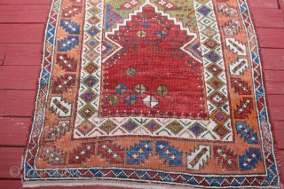 mid 19th century Central anatolian rug areas of restorations great color and design size 4X5'11                  