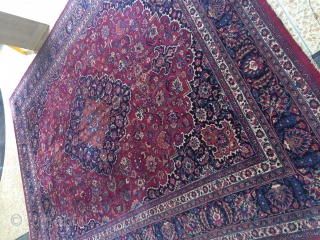 Antique Mashhad persian handmade handknotted rug ,%100 pure wool in excellent condition ,13.6 feet by 9.10 feet or 412 cm by 300 cm .this rug signed by weaver .handknotted made in iran  ...