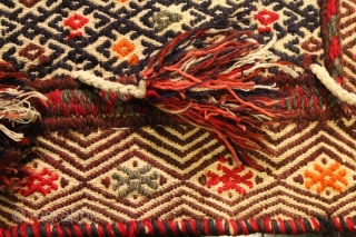 Very rare, unique & spectacular Persian Khamseh Baseri Nanoo ( Baby Cradle ) - Fars mixed with sumak technique hand-handwoven kilim with natural dyes & 100% wool
CATEGORY: Persian 
ORIGIN/TYPE: Fars / Qashqai,  ...