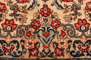 Very unique 80-90 years old Persian Qom hand-knotted full wool piled rug with 100% natural dyes on cotton warp
CATEGORY: Persian
ORIGIN/TYPE: Qom / Floral design 
AGE CLASSIFICATION: 1930+
SIZE: 55"(140cm) x 73" (185cm)
CONDITION: Perfect  ...