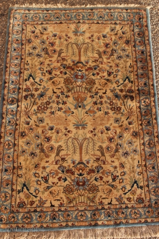 Very unique 90+ years antique Persian Isfahan hand-knotted full silky wool piled rug on silk base with 100% natural dyes 
CATEGORY: Persian
ORIGIN/TYPE: Isfahan / Paradise design 
AGE CLASSIFICATION: 1920+
SIZE: 27" (68cm) x  ...