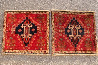 Persian Qashqai hand-knotted bagface a pair with original design, natural dyes & 100% wool on cotton warp
CATEGORY: Persian
ORIGIN/TYPE: Qashqai / Medallion
AGE CLASSIFICATION: 1950+
SIZE:22" (58cm) x 24" (63cm)
CONDITION: Excellent condition 
ID(APRC): No. 260-4951&4955
https://www.facebook.com/photo.php?fbid=151384525008933&set=a.151383975008988.34582.100634546750598&type=3&theater 