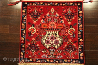 Very fine vintage Persian Afshari hand-knotted piled poshti cover in 3 attached pieces wool on cotton warp category: Persian origin/type: Afshari / Flower-vase design age classification: 1960+ size: 26" (66cm) x 26"  ...