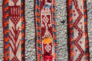 Unique Persian Qashqai Malband early 20th ( Horse band ) finely woven pure wool on wool, very exclusive patterns. Synthetic orange. 3.3" (8.5cm) x 293" (745cm) SKU No. EAH-249-28    