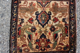 Very unique + 80years old Persian Afshar hand-knotted piled chanteh with original plain weave back with natural dyes & silky wool category: Persian origin/type: Afshari / Old Dragon design age classification: 1930+  ...