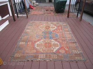 antique worn caucasian kazak rug measure 5' 2" x 6' condition is worn as shown solid rug not dry beautiful colors 675.00 or best offer        