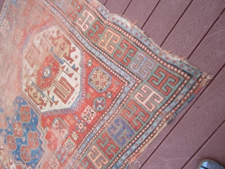 antique worn caucasian kazak rug measure 5' 2" x 6' condition is worn as shown solid rug not dry beautiful colors 675.00 or best offer        