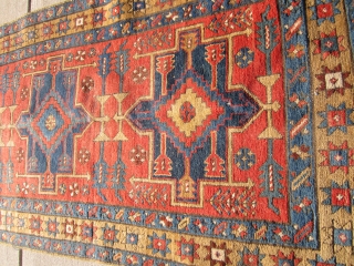 antique karaja heriz runner measuring 3' 2" x 10' 7" great colors solid rug no dry rot clean some wear few old moth bite here and there one dime size repair as  ...
