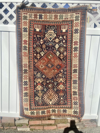 Caucasian rug great element and motif 3’ 2” x 5’ clean has wear                    