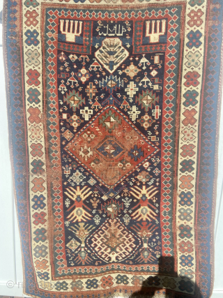 Caucasian rug great element and motif 3’ 2” x 5’ clean has wear                    