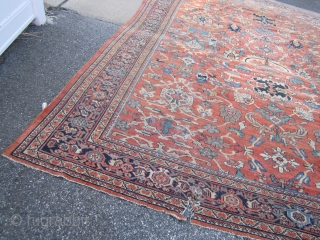 huge antique mahal rug 10' 4" x 13' 2" great colors very floppy clean rug good low even pile minor foundation visible 3 clean holes and 2 tear easy fix huge profit  ...