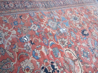 huge antique mahal rug 10' 4" x 13' 2" great colors very floppy clean rug good low even pile minor foundation visible 3 clean holes and 2 tear easy fix huge profit  ...