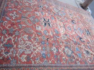 huge antique mahal rug 10' 4" x 13' 2" great colors very floppy clean rug good low even pile minor foundation visible 3 clean holes and 2 tear easy fix huge profit  ...