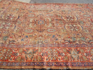 beautiful antique camel ground persian mahal oriental rug measuring 8' 8" x 12' 3' solid rug very floppy low even pile no repair clean rug thin pile with even visible foundation very  ...