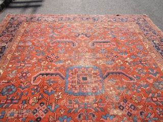 antique 1890 heriz rug measuring 10' 5" x 11' 8" great colors and design solid rug no dry rot no stains worn selvage one on each side some wear as shown no  ...