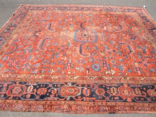 antique 1890 heriz rug measuring 10' 5" x 11' 8" great colors and design solid rug no dry rot no stains worn selvage one on each side some wear as shown no  ...