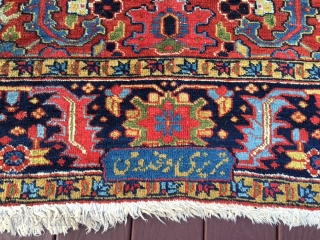 authentic signed persian heriz rug measures 5' 7" x 8' 9" great rare size beautiful colors great condition minor surface wear in the middle and few minor moth bite on the side  ...