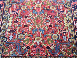 authentic signed persian heriz rug measures 5' 7" x 8' 9" great rare size beautiful colors great condition minor surface wear in the middle and few minor moth bite on the side  ...