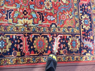 authentic signed persian heriz rug measures 5' 7" x 8' 9" great rare size beautiful colors great condition minor surface wear in the middle and few minor moth bite on the side  ...