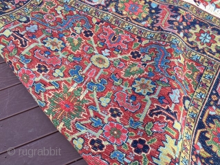 authentic signed persian heriz rug measures 5' 7" x 8' 9" great rare size beautiful colors great condition minor surface wear in the middle and few minor moth bite on the side  ...