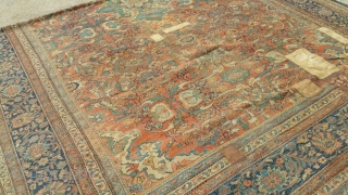 Antique mahal palace size 14 x 21 solid rug very floppy have old patches  clean rug can send more picture            