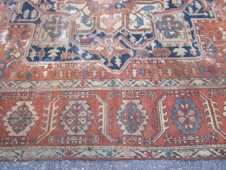 antique persian heriz serapi measuring 8' 3" x 11' 6" no pets no smoke no dry rot in very poor condition with lots of old repair cuts tear  as found being  ...