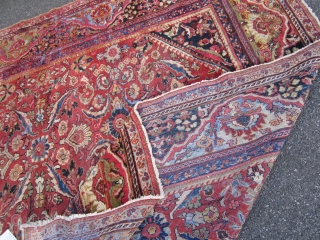 solid antique mahal rug measuring 10' 5" x 13' 5" nice colors no dry rot clean rug some moth damage and one corner damage as shown cheap SOLDDDDDDDDDDDDDDDDDDD     