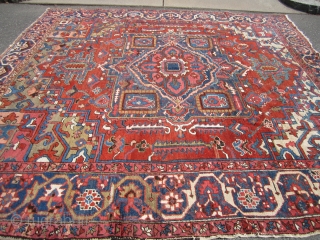 antique serapi squarish heriz rug 10' 2" x 10' 6" good colors clean some scattered wear throughout nothing major few old repair solid rug very floppy ready to go everything sells here  ...