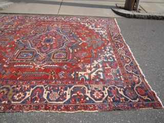 antique serapi squarish heriz rug 10' 2" x 10' 6" good colors clean some scattered wear throughout nothing major few old repair solid rug very floppy ready to go everything sells here  ...