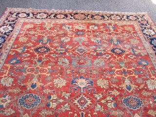 beautiful antique mahal rug measuring 8' 5" x 12' 5" very nice colors solid rug some minor damage as shown easy repair some low pile area and minor moth bite at the  ...