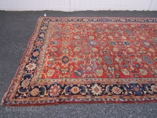 beautiful antique mahal rug measuring 8' 5" x 12' 5" very nice colors solid rug some minor damage as shown easy repair some low pile area and minor moth bite at the  ...